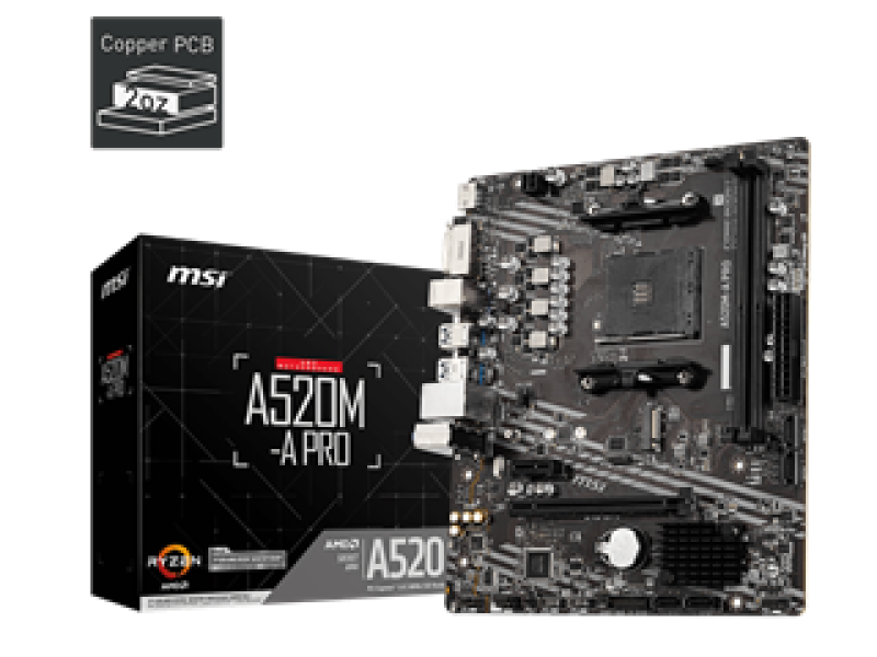 MSI MB A520M-A PRO, SOCKET AMD AM4, CS AMD A520, 2 DIMM SOCKETS DDR4, DVI-D/HDMI, PCI-E GEN 3.0, GIGABIT LAN, MICRO-ATX, 3YW.
