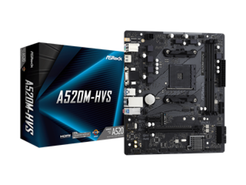 ASROCK MB A520M-HVS, SOCKET AMD AM4, CS AMD A520, 2 DIMM SOCKETS DDR4, DSUB/HDMI, PCI-E GEN 3.0, GIGABIT LAN, MICRO-ATX, 2YW.