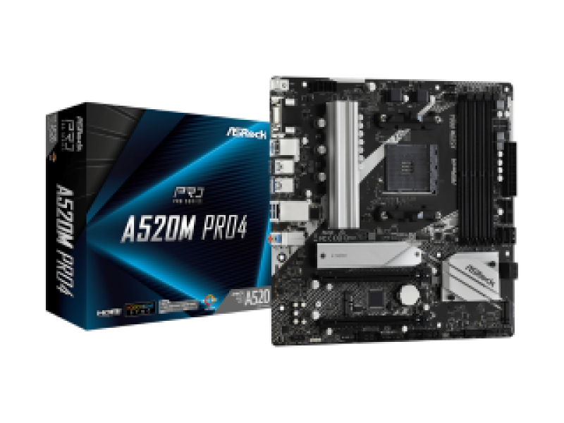 ASROCK MB A520M PRO4, SOCKET AMD AM4, CS AMD A520, 4 DIMM SOCKETS DDR4, HDMI/ DP/ D-SUB, PCI-E GEN 3.0, GIGABIT LAN, MICRO-ATX, 3YW.