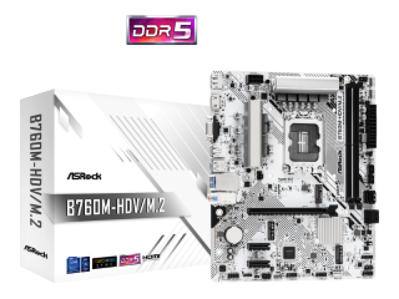 ASROCK MB B760M-HDV/M.2., SOCKET INTEL LGA1700 14th/13th/12th GEN INTEL CPU, CS INTEL B760, 2 DIMM SOCKETS DDR5, HDMI/DP/D-SUB, PCI-E GEN 4.0, 2.5G LAN, MICRO-ATX, 3YW.
