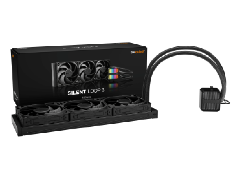 BEQUIET CPU HYDRO COOLER SILENT LOOP 3 420MM BW026, INTEL SOCKET LGA 1851/1700/1200/1150/1151/1155, AMD AM4/AM5, SQUARE ARGB ILLUMINATING COOLING BLOCK, 3x140MM FAN SILENT WINGS 4 PWM, BLACK, 3YW.