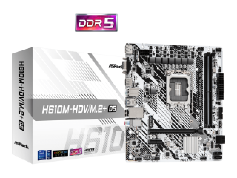 ASROCK MB H610M-HDV/M.2+ D5, SOCKET INTEL LGA1700 14th/13th/12th GEN INTEL CPU, CS INTEL H610, 2 DIMM SOCKETS DDR5, HDMI/DP/D-SUB, PCI-E GEN 4.0, GIGABIT LAN, MICRO-ATX, 3YW.