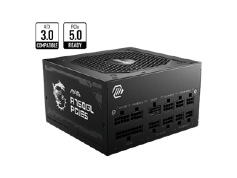 MSI PSU 750W MAG A750GL PCIE5, 80+ GOLD CERTIFIED, FULL MODULAR CABLES, FLUID DYNAMIC BEARING 120MM QUIET & COOL FAN, 7YW.