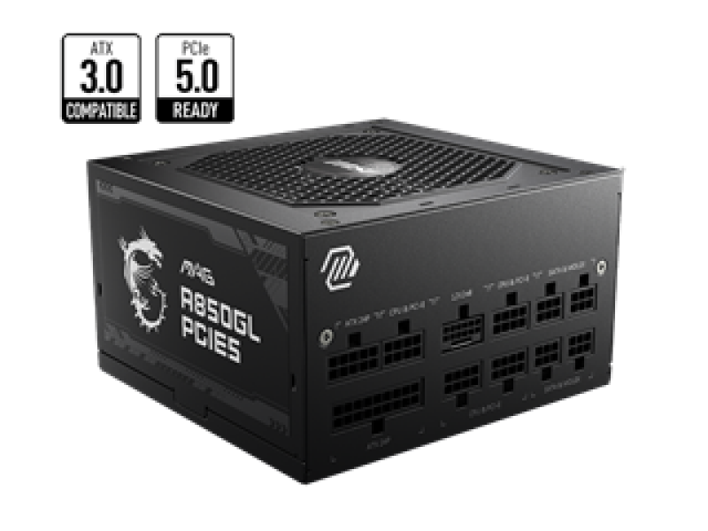 MSI PSU 850W MAG A850GL PCIE5, 80+ GOLD CERTIFIED, FULL MODULAR CABLES, FLUID DYNAMIC BEARING 120MM QUIET & COOL FAN, 7YW.