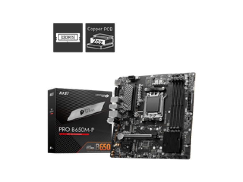 MSI MB PRO B650M-P, SOCKET AMD AM5, CS AMD B650, 4 DIMM SOCKETS DDR5, HDMI/DP/VGA, PCI-E GEN 4.0, 2.5G LAN, MICRO-ATX, 3YW.