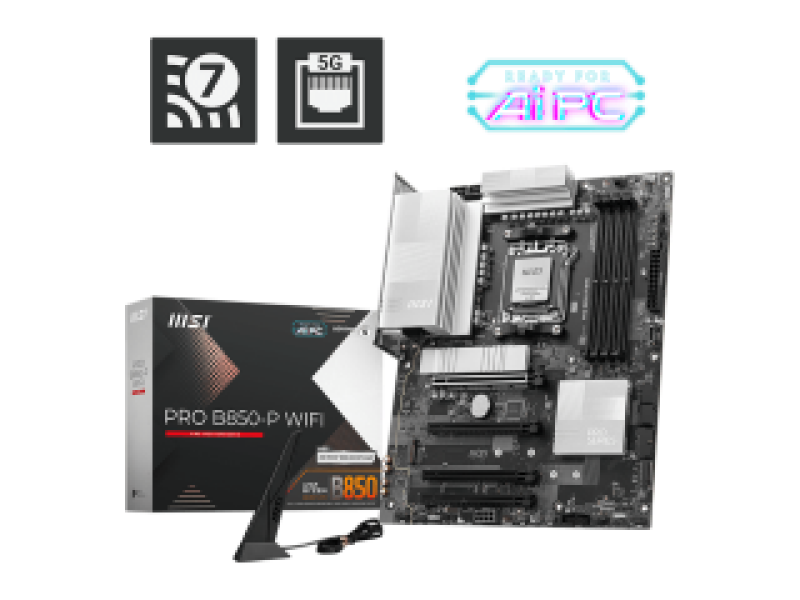 MSI MB PRO B850-P WIFI, SOCKET AMD AM5, CS AMD B850, 4 DIMM SOCKETS DDR5, HDMI, PCI-E GEN 5.0, 5G LAN, WIFI7, ATX, 3YW.