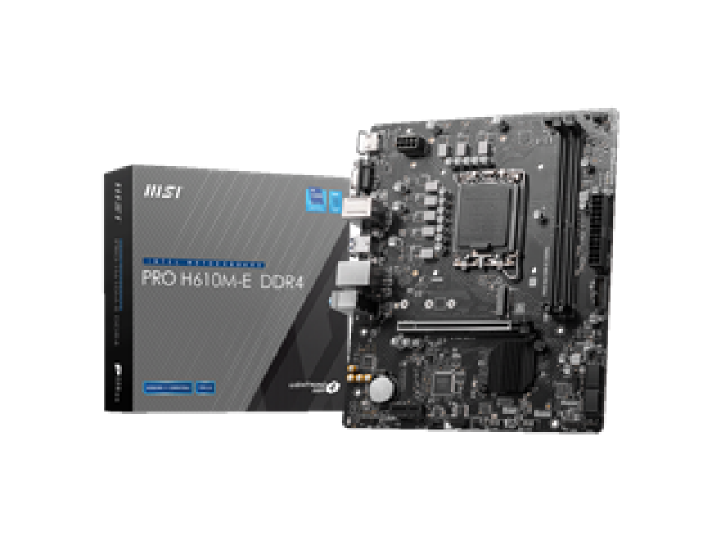 MSI MB PRO H610M-E DDR4, SOCKET INTEL LGA1700 14th/13th/12th GEN, CS INTEL H610, 2 DIMM SOCKETS DDR4, D-SUB/HDMI, PCI-E GEN 3.0, GIGABIT LAN, MICRO-ATX, 3YW.
