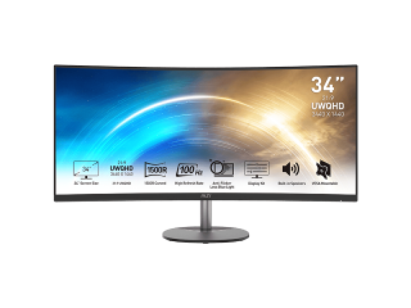 MSI MONITOR PRO MP341CQ, CURVED VA UWQHD, 34", 21:9, 300CD/M2, 3000:1, 1MS, 100Hz, 3440x1440, 2xHDMI/ DP/ HP OUT, 2x2W SPEAKERS, TILT, BLACK, 2YW